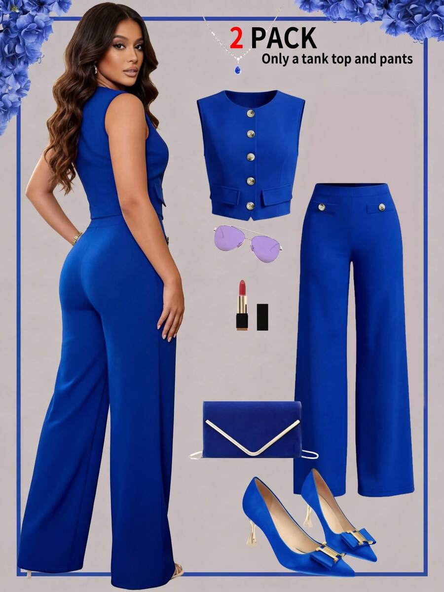 女士无袖纽扣西装外套搭配直筒休闲裤夏季套装 - 藍色 - 查看 1