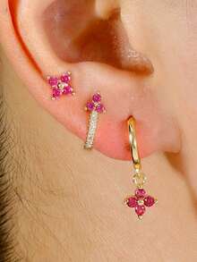 3PCS Fashion Zirconia Flower Dangle Earrings Sets For Women 18K Gold Plated Geometry Flowers Hoop Earring Cartilage Piercing Jewelry - 3PCS-gold 2 - View 2