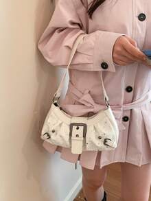 1个女士复古摩托朋克铆钉装饰可调节肩带大容量柔软仿油皮渐变色单肩腋下包，适合工作、通勤、约会、派对等场合。 - 白色 - 查看 6