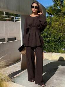 Women's Loose Business Casual Fashion Street Style Ruffled Waist Design Pullover Top And Straight Leg Pants Two Pieces Suit, Elegant Office Commuter Outfit, Suitable For Summer, Autumn, Spring - Brown - View 3