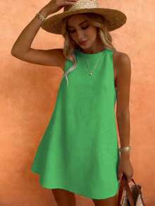 Women's Fashionable Versatile Minimalist Elegant Khaki Round Neck Sleeveless Dress, Suitable For Commuting In Spring And Summer - Dark Green - View 3