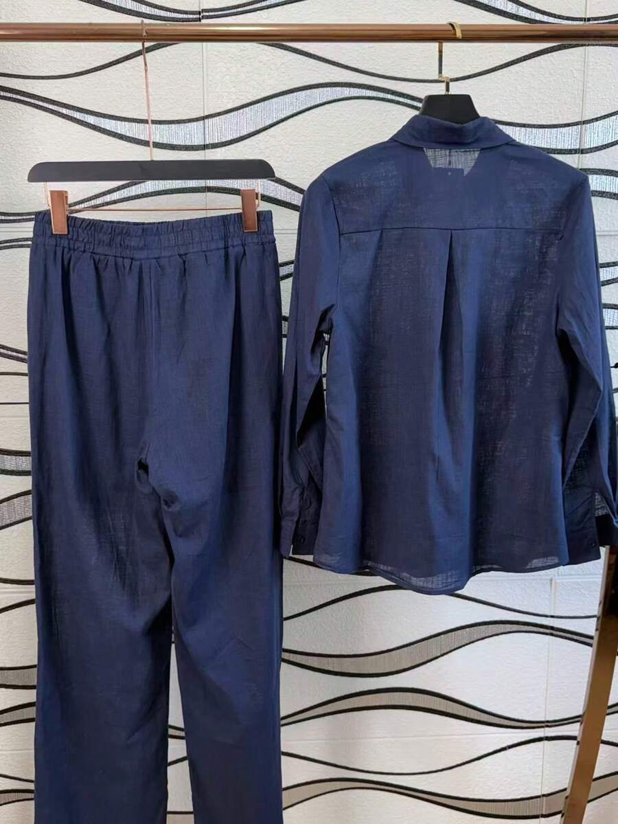 Women's Cotton And Linen Shirt And Pants Set - Màu xanh hải quân - Xem 1