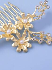 1pc Elegant Alloy Rhinestone Women's Side Hair Comb, Shiny Floral Print Bohemian Bridal Headpiece, Suitable For All Seasons,Summer,Holiday,Travel, Bride Accessories - Gold - View 3