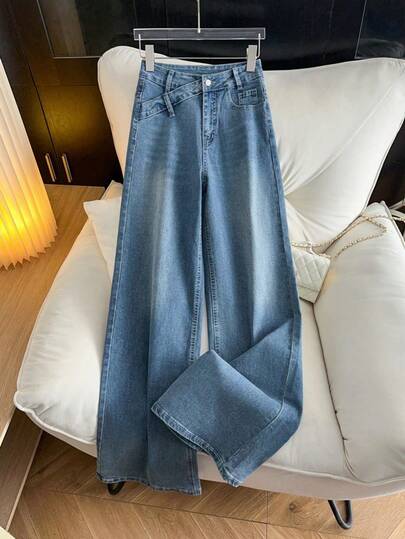 CHILAM Elegantes pantalones vaqueros largos de mezclilla para mujer con pierna ancha, tejido elástico y bolsillos de diseño informal.