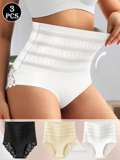 QUASTI 3pcs Women High Waist Lace Patchwork Briefs, Tummy Control & Butt Lifting, Soft & Comfortable, Size S-XXL