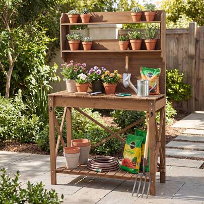  COSTWAY Outdoor Potting Bench Table, Wooden Garden Workstation With Sliding Tabletop & 2 Removable Sink Basins, 2-Tier Top Rack, Bottom Storage Shelf, Hanging Hooks, For Greenhouse, Garden, Patio, Brown