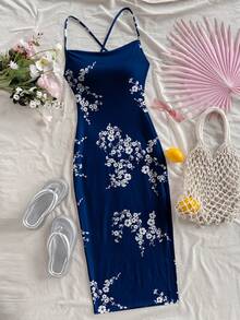 女款碎花波西米亞長洋裝，可愛交叉肩帶海灘裙，適合休閒、約會、日常穿著，夏季優雅度假風 - 寶藍色 - 查看 1