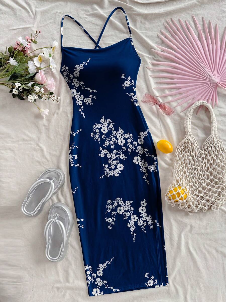 女款碎花波西米亞長洋裝,可愛交叉肩帶海灘裙,適合休閒、約會、日常穿著,夏季優雅度假風 - 寶藍色 - 查看 1