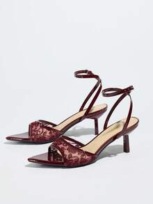 Women's High Heels, Suitable For Spring/Summer Parties, Gatherings, Dances, Outdoor Occasions. Fashionable High-End Unique Kitten Heels, Pointed Toe, Shiny Mesh Material, Adjustable Ankle Strap. Elegant, Comfortable, Versatile Formal Wear Sandals, Wine Red Color - Burgundy - View 6