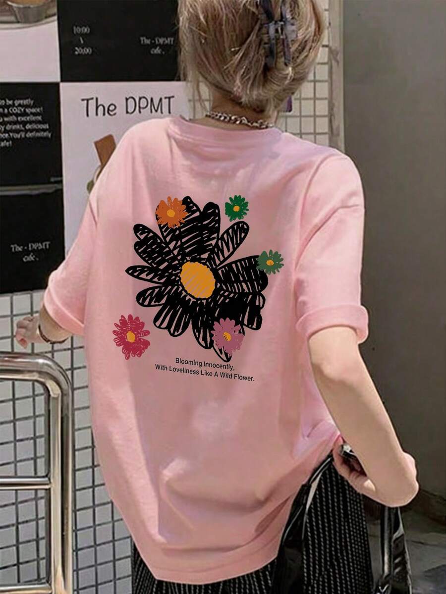 女款寬鬆圓領短袖字母與花卉印花T恤,春夏季休閒 - 粉色 - 查看 1