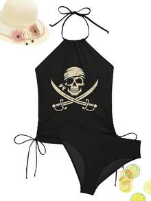 Women'S Tankini Swimwear Featuring A Pirate Skull And Crossbones Design, Perfect For Halloween And Rave Parties. This Elegant Bathing Suit Is Ideal For Beach Outings, Pool Gatherings, And Water, Showcasing A Cute Style, Durable Fabric - 黑色 - 查看 6