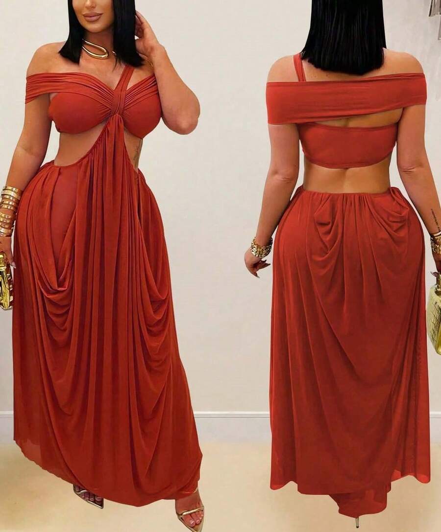 Party Sexy Strapless Sheer Mesh Dress Beach Vacation Outfits - 磚紅色 - 查看 1