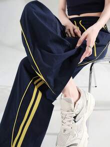 JUTU 女士宽松梭织抽绳裤，侧边条纹，撞色设计，速干，休闲，度假，街头风，夏季 - 0B67藏青拼黃 - 查看 9
