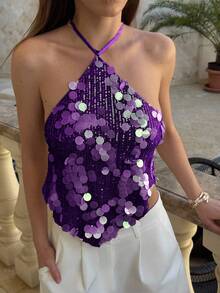 Women Sequin Halter Tops Sparkly Sleveless Backless Self Tie Cute Summer Camisoles Rave Costumes Party Clubwear Glitter Vest Brunch Outfits Vacation Beachwear - Màu tím - Xem 1
