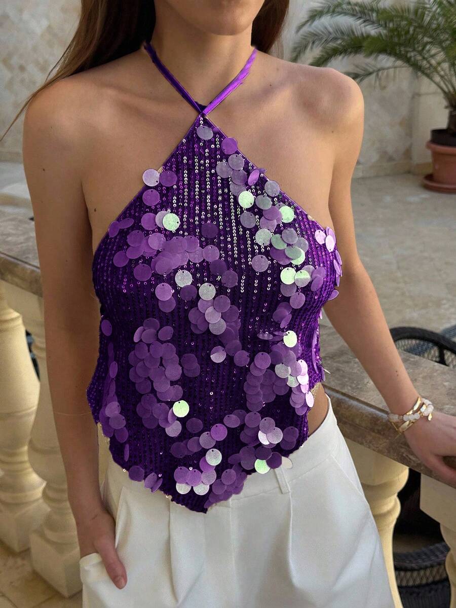 Women Sequin Halter Tops Sparkly Sleveless Backless Self Tie Cute Summer Camisoles Rave Costumes Party Clubwear Glitter Vest Brunch Outfits Vacation Beachwear - Màu tím - Xem 1