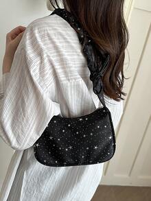 Bolso de hombro de mujer de estilo casual y elegante, hecho de poliéster, decorado con estrellas por todas partes, diseño exquisito y compacto, adecuado para salidas diarias, compras, citas, fiestas, ir al trabajo, para todas las estaciones, un regalo ideal para mujeres que buscan un estilo casual y de moda - Negro - Ver 4