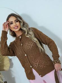 Cardigan Feminino Manga Longa Em Blusa Tricot Com Botoes Casaco Elegante Para Inverno E Uso Diario Blusa Feminina Cardigam Fino - Laranja Queimado - Visão 6