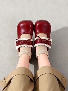 Wine Red Lace Bow Girls Mary Jane Shoes, Vintage Bright Tone Soft Sole, Birthday Party Princess Leather Shoes - Burgundy - View 3