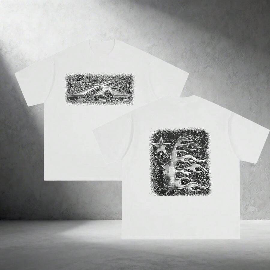 Men's Soft Breathable 100% Cotton Graphic Tee Flame Star Print Casual Streetwear For Everyday Wear Summer 2026 - 白色 - 查看 1