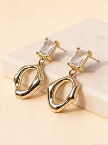 1 Pair Fashionable Asymmetrical Geometric Square Zirconia Earrings, Gold Unique Design Eardrops, Versatile Daily Wear Earrings For Women - Geometric Earrings - View 3