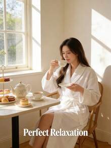 一件华夫格纹纯色披肩领浴袍，家居服，柔软吸水棉质面料，适用于浴室、卧室、泳池 - 白色 - 查看 9