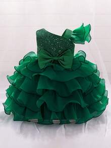 女婴亮片蝴蝶结多层薄纱公主裙，优雅礼服，适合生日派对、婚礼等场合，不含头饰 - 墨綠色 - 查看 4