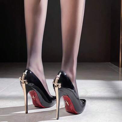 2026 Metal Scepter High-Heeled Stiletto Heels, Comfortable Genuine Leather Printed Red Sole Pointed Toe Women's Shoes, R Style, Premium Patent Leather Single Shoes, 10cm High Heel