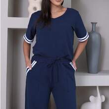 Women's Striped Set - Pants And Top In Lightweight Fleece With White Details - Comfortable Style - Navy Blue - View 5