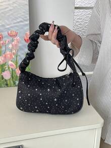 新款时尚星月图案褶皱云朵单肩包，休闲斜挎法棍包，女士 - 黑色 - 查看 9