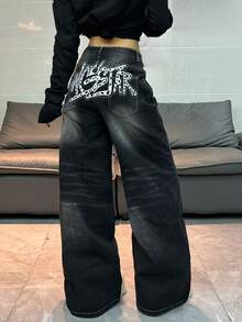 1 chiếc quần jeans ống rộng thoải mái, thêu họa tiết, thương hiệu thời trang Hàn Quốc dành cho nữ (Sản phẩm này không bao gồm thắt lưng/phụ kiện) Mùa xuân - màu đen - Xem 10