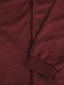 1pc Men's Solid Color Lightweight Suede Fleece Flight Jacket, Full Zip Stand Collar Casual Outerwear, Retro Faux Leather Jacket, Autumn/Winter/Spring Men's Jacket - Burgundy - View 5