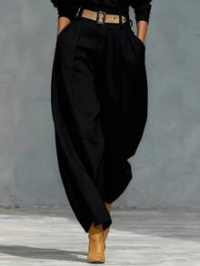 Women's Solid Color Zipper Pocket Pleated Casual Loose Pants (Belt Not Included) - Black - View 7