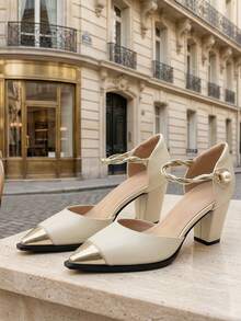 Giày cao gót mũi nhọn, gót dày, kiểu Pháp mới mùa xuân 2026 dành cho nữ, đính ngọc trai, có khóa dán, thoải mái khi đi làm. - trắng - Xem 9