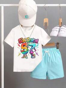 Boys' Numeric Print Short Sleeve T-Shirt And Shorts Set, Suitable For Vacation, Travel, Relaxation, Sunbathing, Summer - Blue - View 1