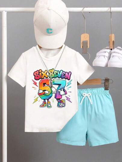 Boys' Numeric Print Short Sleeve T-Shirt And Shorts Set, Suitable For Vacation, Travel, Relaxation, Sunbathing, Summer