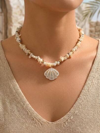 1 chiếc vòng cổ hạt cườm thủ công phong cách Bohemian, mặt dây chuyền hình vỏ sò đính đá lấp lánh, đa năng, phù hợp để đeo hàng ngày, hẹn hò, dự tiệc, lễ hội âm nhạc. Hình dạng, kích thước và số lượng hạt cườm được chọn ngẫu nhiên.