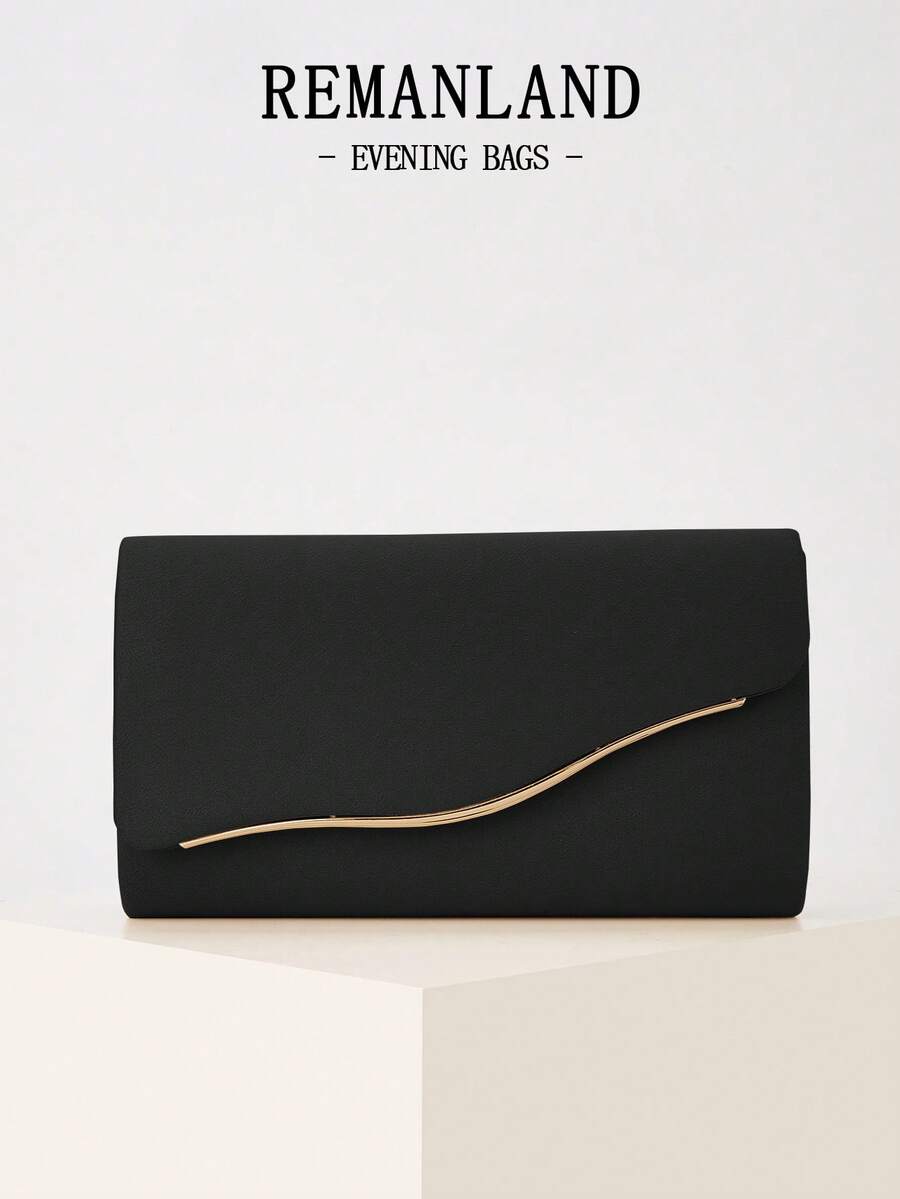 REMANLAND 奢华PU纯色新款女士手拿包，时尚翻盖派对晚宴包，完美钱包设计，带隐藏式卡槽和可拆卸金属链条肩带，适合派对、宴会、聚会、婚礼等场合，是理想的礼物之选。 - 黑色 - 查看 1