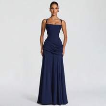 Fashionable And Elegant Temperament Sexy Dress With Low-Neck Spaghetti Straps, Solid Color, Waist-Cinching, Backless, Mermaid Long Dress For Women, Suitable For Parties And Banquets - 藏青色 - 查看 3