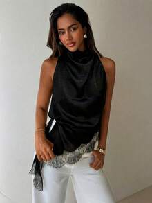 Women's Spring/Summer New Elegant Casual Lace Patchwork Sleeveless Top - Ruffle Collar, Lace Hem Patchwork, Single Side Slit, Textured Fabric, Loose Fit - Black - View 4