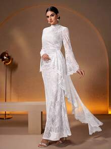 Đầm dạ hội dài tay cổ đứng thanh lịch dành cho nữ, thắt eo tôn dáng, sang trọng, màu trơn gợi cảm, chất liệu gân, thích hợp cho tiệc cưới, tiệc mùa xuân, màu trắng. - trắng - Xem 6