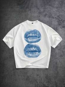 Camiseta ChristmasManfinity azul desbotada e folgada com estampa de lábios, joias e dentes em estilo urbano, manga curta, ideal para primavera/verão, divertida para presentear um amigo ou a si mesmo. Item imperdível. - Branco - Ver 8