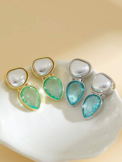 Vintage Gold-Plated Dangle Earrings With Faux Pearl And Pear-Cut Green Crystal, Elegant Retro Jewelry For Women, Wedding Party Accessory