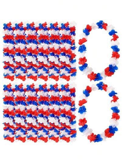 10条爱国花环项链，红白蓝丝绸项链，适合7月4日及夏季活动，爱国花环项链，7月4日夏威夷花环项链，7月4日独立日纪念装饰派对礼品大宗供应，爱国红白蓝夏威夷花环项链