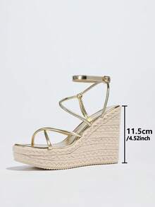 Giày sandal cao gót nữ với quai kim loại, đế xuồng đan, kiểu dáng mùa hè mới, quai đơn, đế dày, tăng chiều cao, giày La Mã, đa năng, không gây mỏi chân, phong cách bohemian, quai chéo, thích hợp cho các bữa tiệc đêm, sandal vàng dành cho nữ. - Vàng - Xem 4
