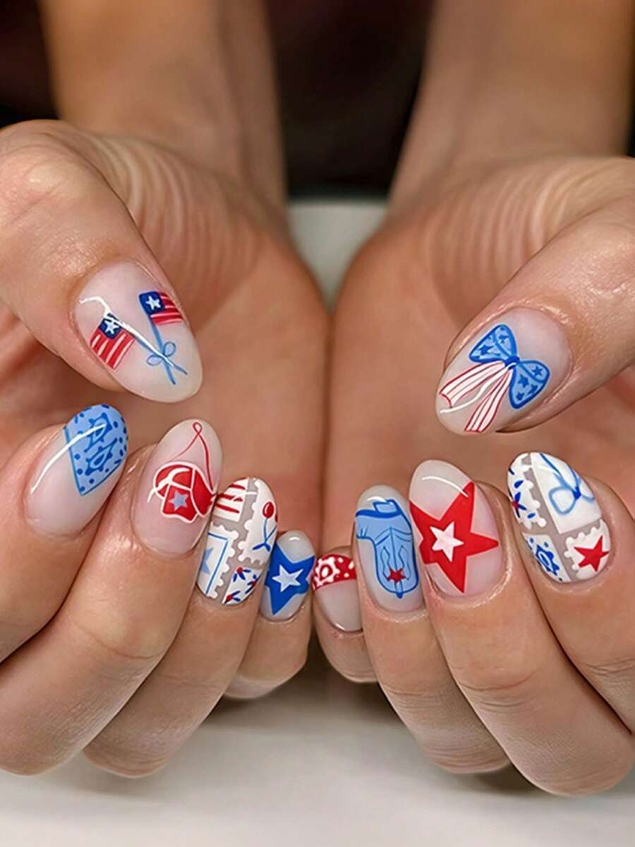 Set de 24 uñas postizas cortas con forma oval, diseño de estrella, corbata de moño y bandera nacional, estilo vaquero del Día de la Independencia, adecuado para niñas, damas de oficina, fiestas, citas y uso diario - Multicolor - Ver 1