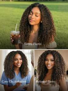 UNice 7x5 Bye Bye Slip™ Glueless Lace Black To Chestnut Brown Ombre Burmese Curly With Finger Coil Ends Wig-Put On & Go With Invisi Drawstring Human Hair Wig Glueless Lace Front Wig Pre Plucked Pre Cut Put On And Go Wear And Go Glueless Human Hair Wig 150% - Black to Chestnut Brown - 查看 3