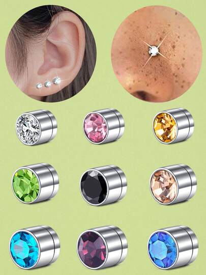 8pcs Faux Earrings & Nose Rings Set, Shiny Cubic Zirconia Embedded Clip-On Earrings & Nose Rings, Fashion Accessories For Men & Women,Concert Look,Face Gems