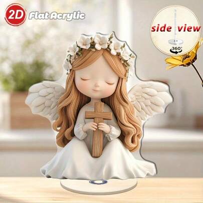 1 món đồ trang trí acrylic 2D - Thiên thần bé gái cầm thánh giá xoay 2D để bàn, không dùng điện, thiên thần trắng thanh lịch cầm thánh giá với đôi mắt biểu cảm và mái tóc bồng bềnh, trang trí nhà cửa và văn phòng trong nhà/ngoài trời, quà tặng mang tinh thần Cơ đốc giáo, đồ trang trí bàn hiện đại, xoay 360°, thiết kế tối giản phù hợp với nhiều không gian, điểm nhấn yên bình cho nhà hoặc văn phòng.