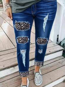 Plus-Size Women's Dark Blue Washed Distressed High-Waisted Slim-Fit Jeans With Ripped Leopard Print Patches And Rolled-Up Cuffs. A Versatile And Retro-Style Casual Trouser. - 藍色 - 查看 3
