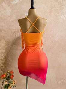 Women's Gradient Orange Rhinestone Floral Ruffle Mini Dress, Suitable For Holiday, Date, Afternoon Tea, Beach, Cruise, Island Vacation, City Trip, Music Festival, Boho Vacation, Party, Can Be Worn Inside Or Outside, Beach Set Orange Vacation Dress Sunset Color Outfit Tequila Sunrise Dress Sunset Dress,Valentine's Day Outfit - 橘色 - 查看 2